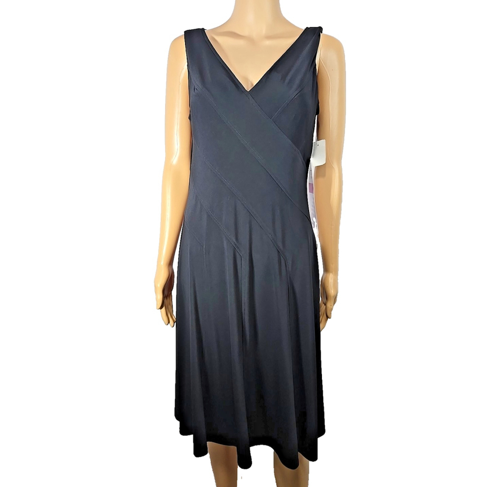 Anne Klein 6 Black Sleeveless V-Neck Midi Dress Fit Flare Work Office Career - Picture 3 of 10